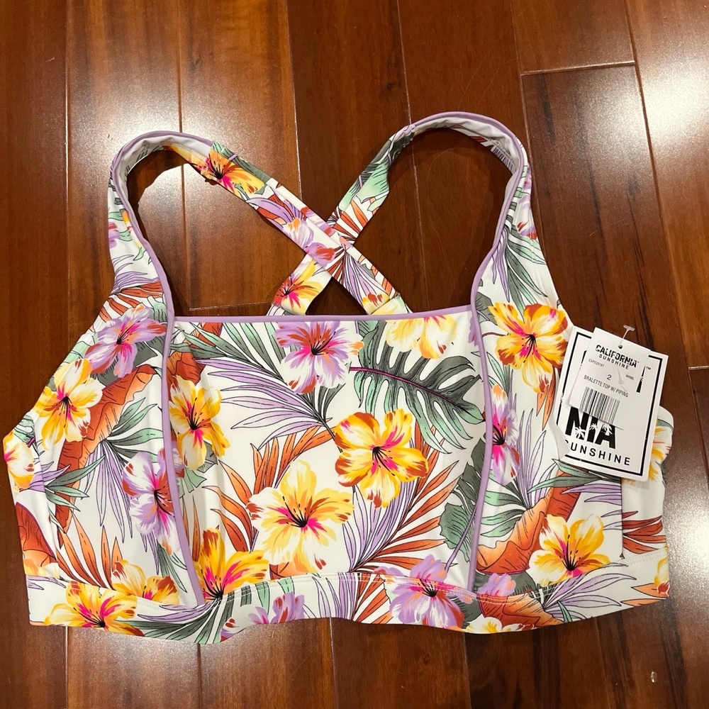 California Sunshine Bikini Top Bralette with Piping Crossback Floral New 20 / 22